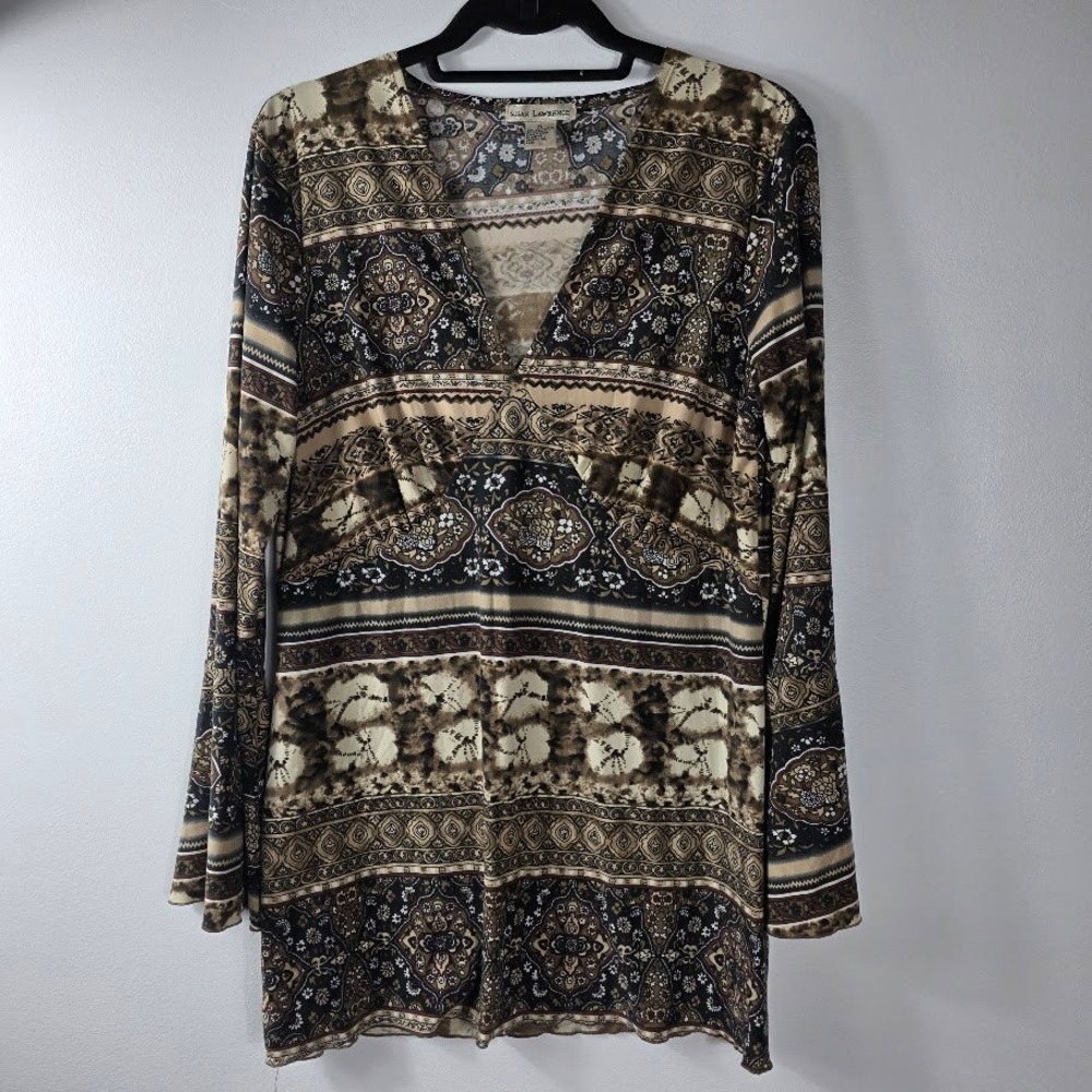 Susan Lawrence Bohemian Patterned V Neck Bell Sleeve Tunic Top XL